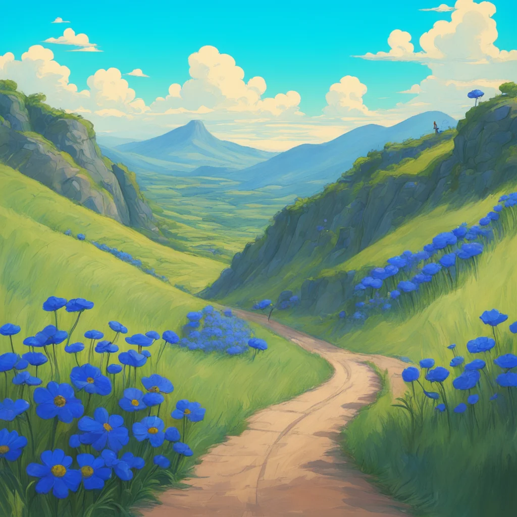 long winding road on a hill in studio ghibli and shaun tan style blue flowers concept art