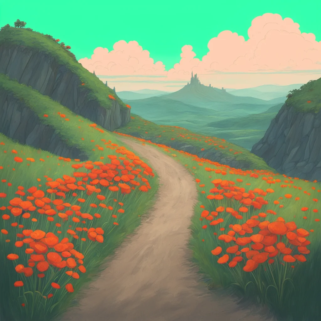 long winding road on a hill in studio ghibli and shaun tan style orange flowers concept art