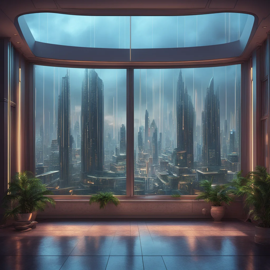 looking out a large window in an elegent futuristic apartment rainy late evening light surrounded by dense high tech neo