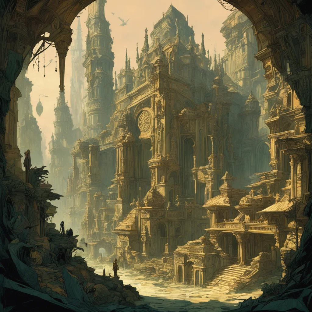 lost city in the style of craig mullins and alphonse mucha and amano ll