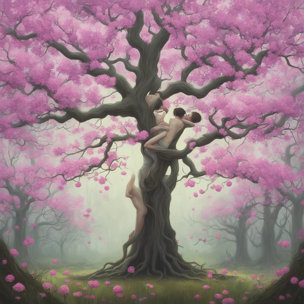 lovers entwined in blossoming tree by Tom Bagshaw Justin Sweet Craig Mullins Peter Mohrbacher  low angle  cinematic ar 2