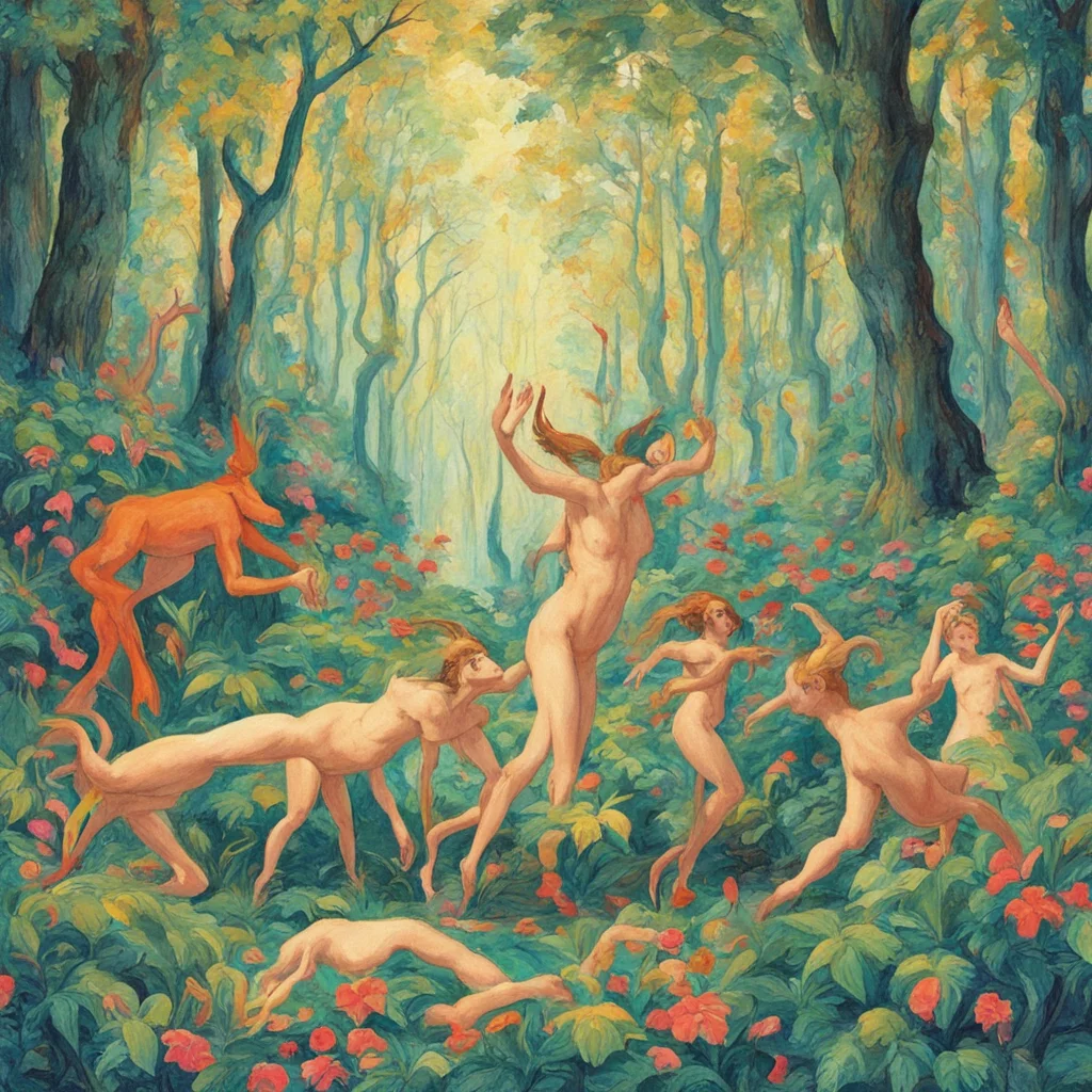 lush forest party with a faun by William Blake  pen strokes  bright  happy  saturated colors  running colors 