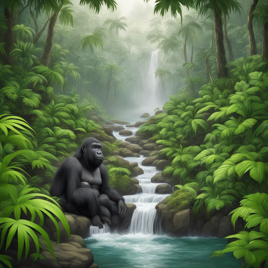 lush jungle with lots of trees and gorillas A river rushes through the middle of the jungle where gorillas drink