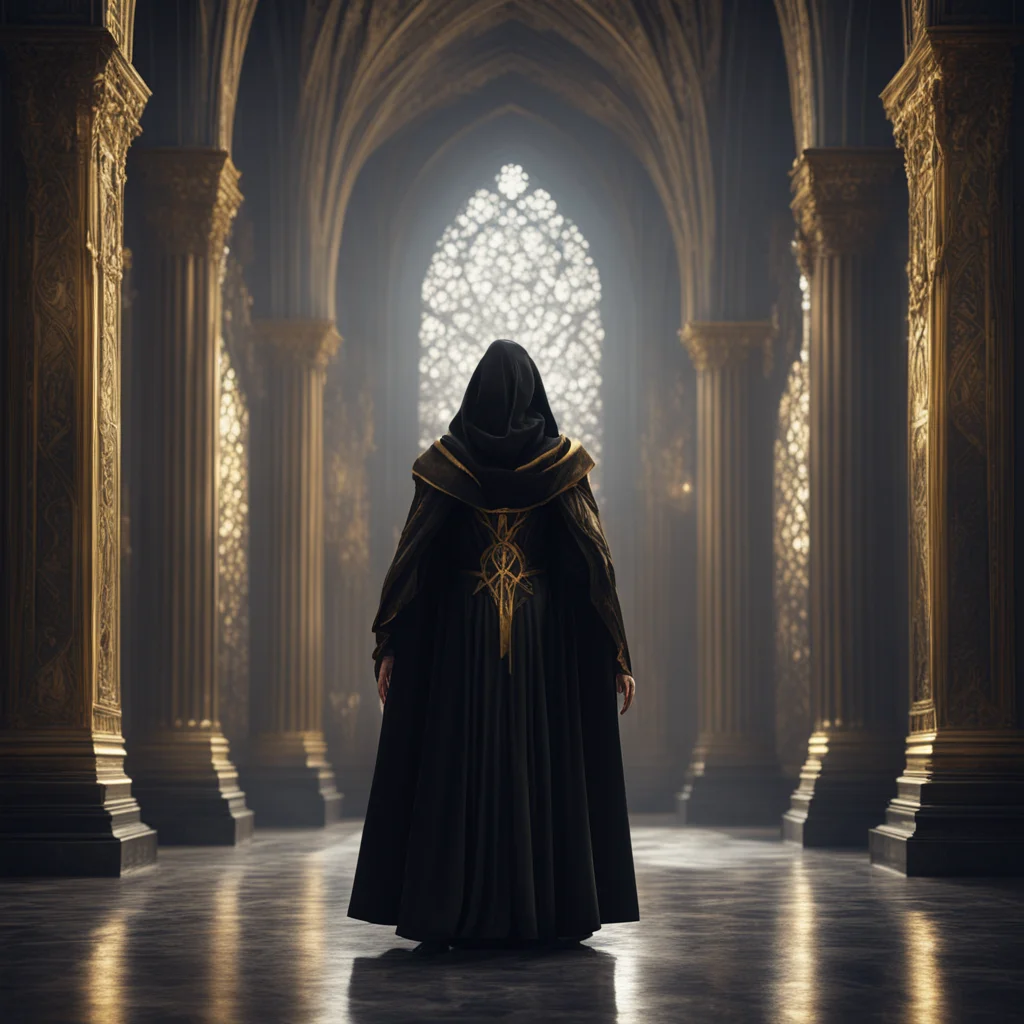 mage standing in a gothic cathedral wearing a black and gold hooded robe strong wind dark apocalyptic cinematic golden r