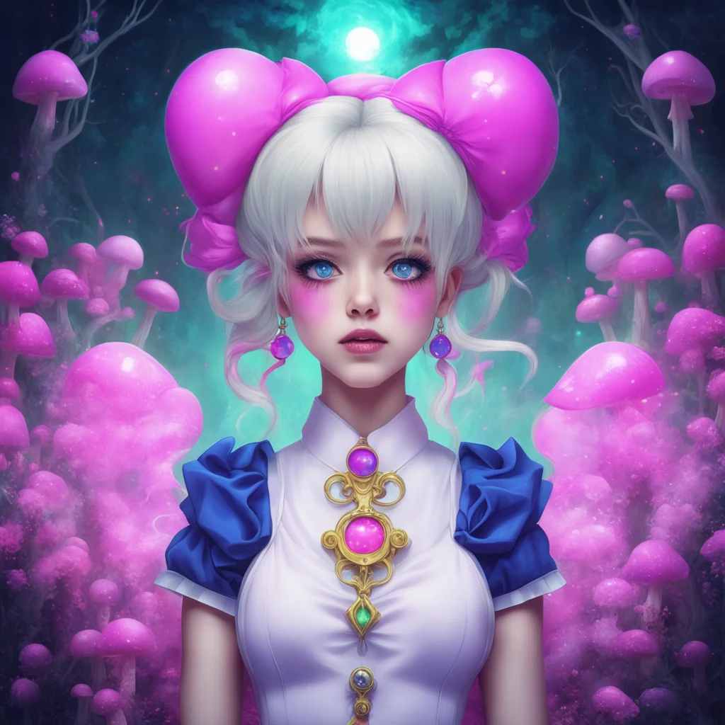 magical girl Sailor Moonin wonderland symmetry Face magical Dark Art horror art Fantasy Art mushrooms in the background 
