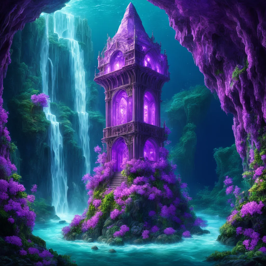 magnificent fantasy watch tower inside amethyst crystal in an undersea subterranean landscape highly detailed intricate 