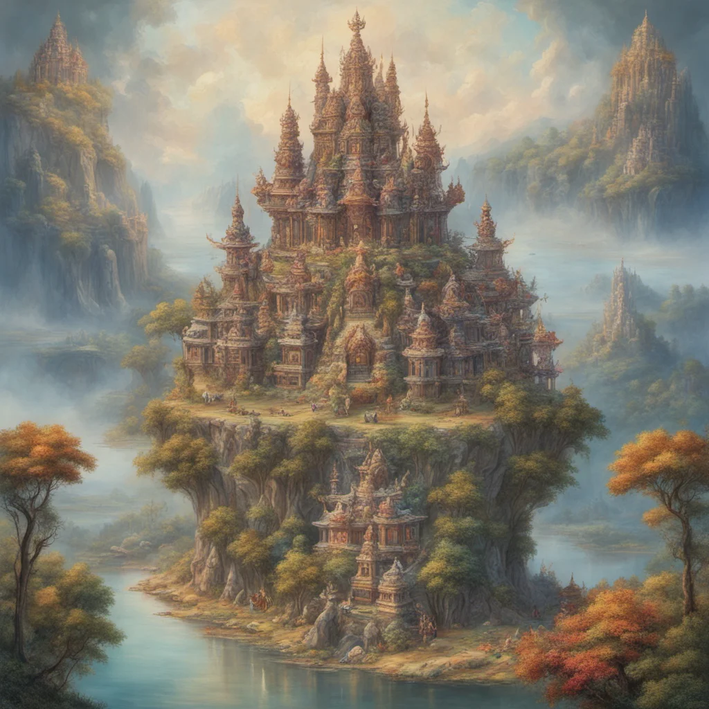 magnificient imaginative elvish hindu mahakala temples on a floating island in the sky natural landscape flowers and trees Gaudi h 1080 w 1920