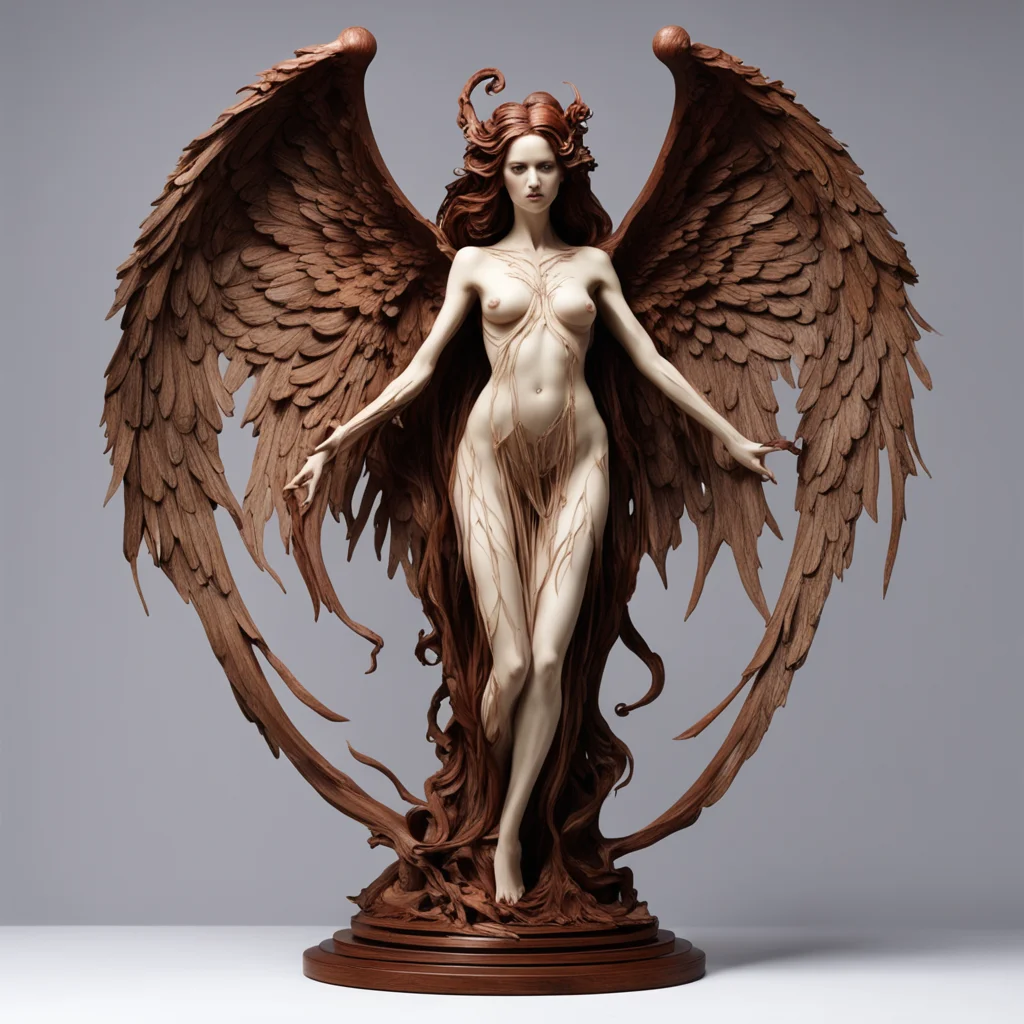mahogany figure sculpture depicting Delicate Angel of Death by Karol Bak and Filip Hodas