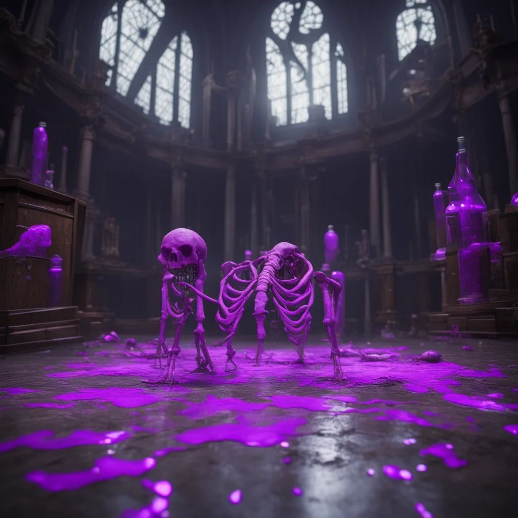 mammoth skeleton in a giant dark museum interior with cobwebs bottles of purple liquid scattered on floorlumion hi res p