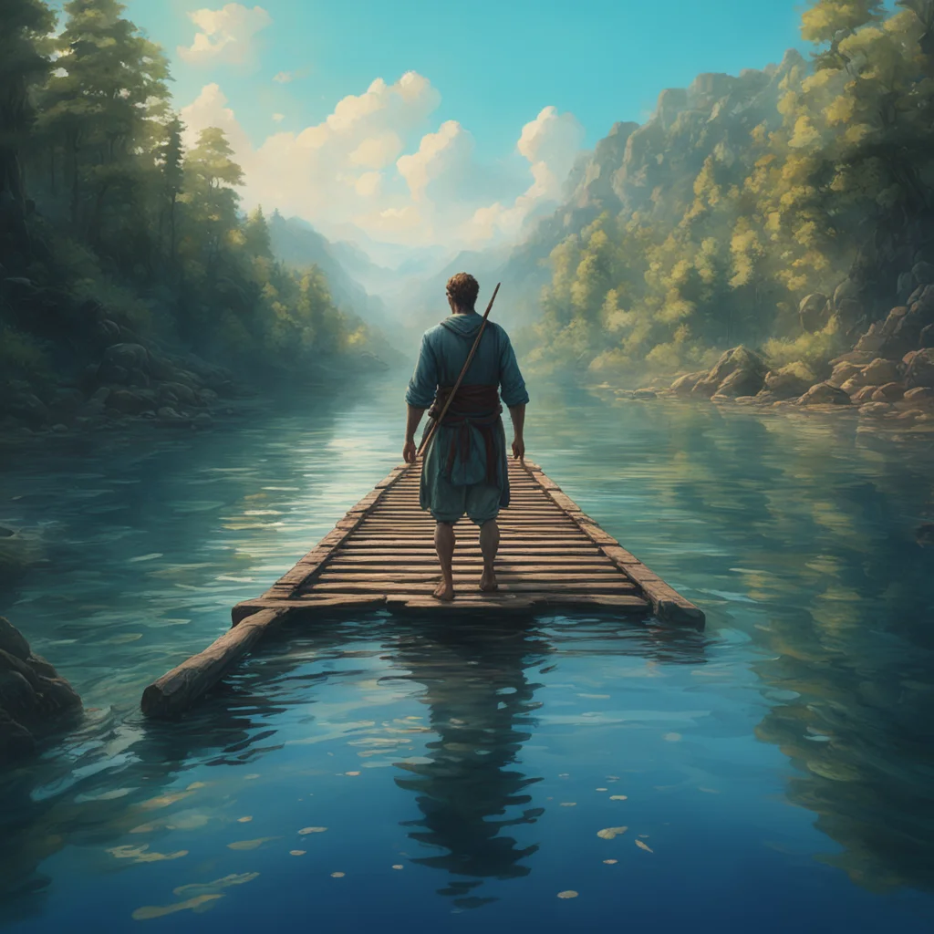man crossing a smll river on a wooden raft cinematic lighting hyper detailed cgsociety 8k high resolution symmetrical be