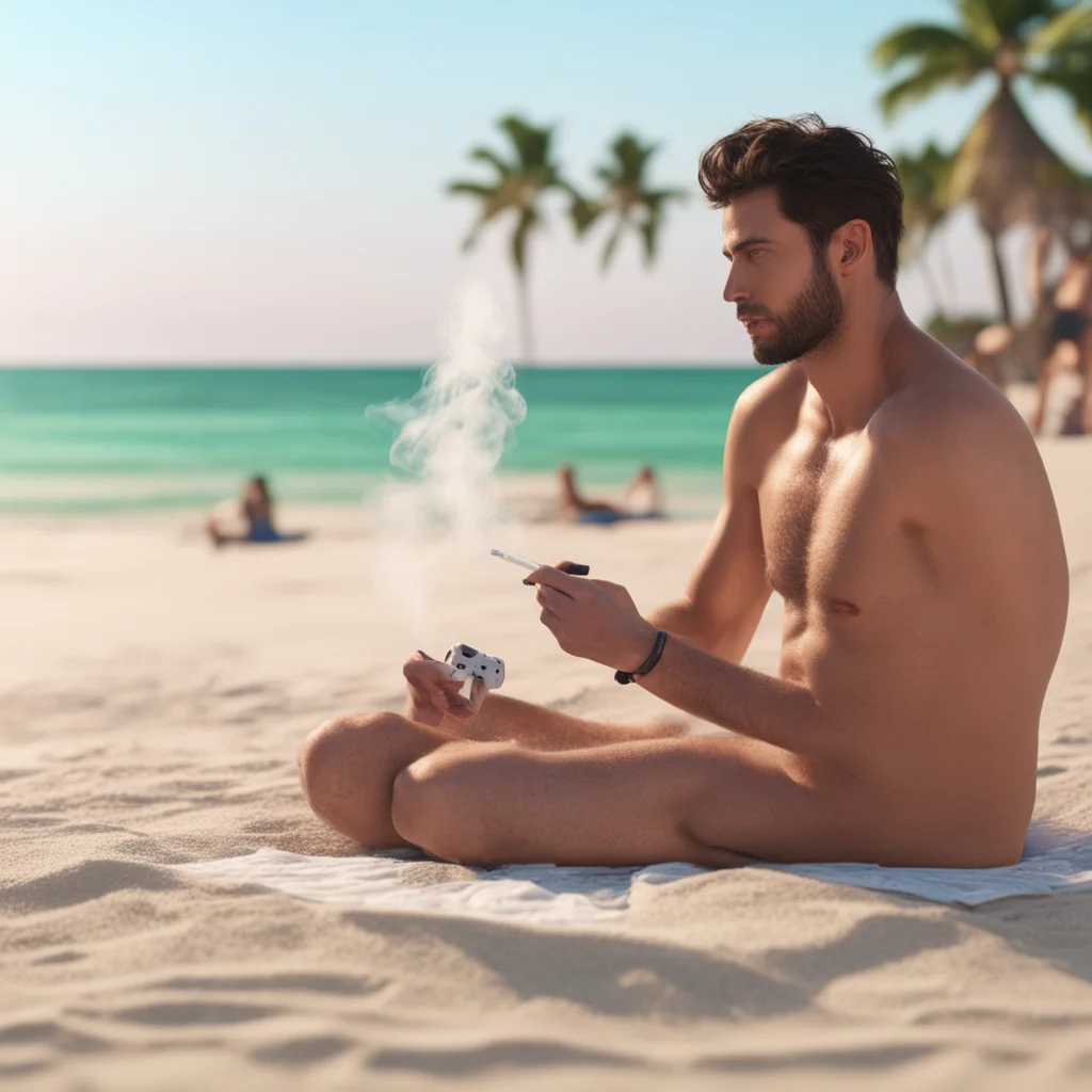 man in swimsuit playing video games on notebook and smoking on the sand beach full of people his face is enlighten by sc