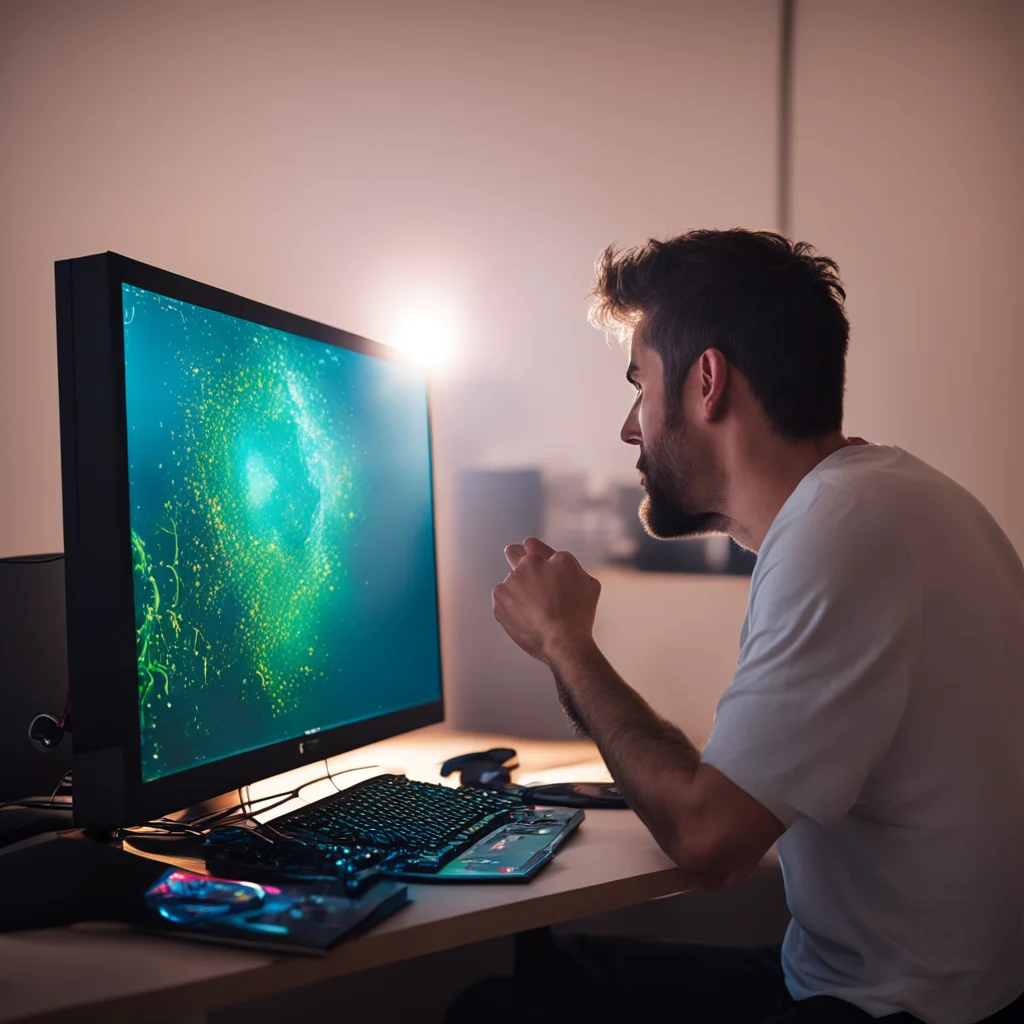 man kissing the screen of his gaming PC early morning light