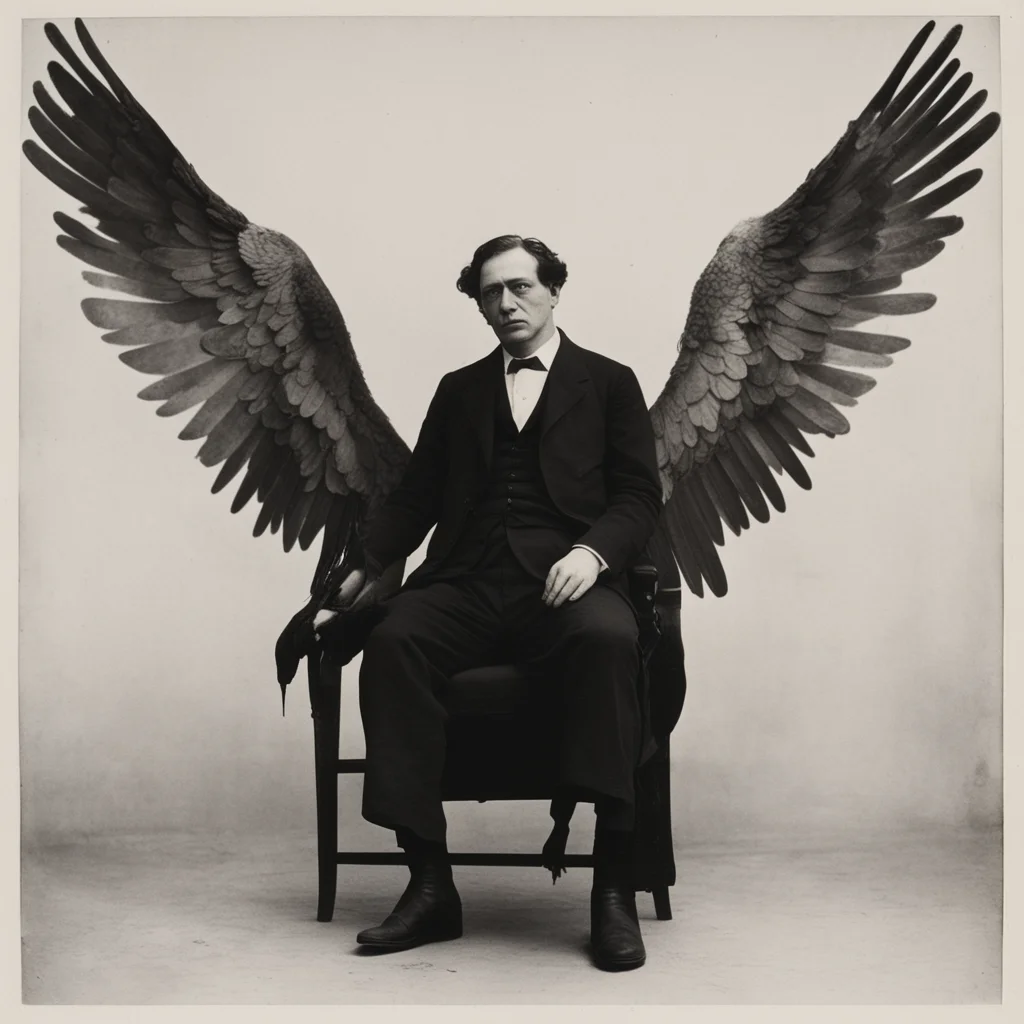 man on chair with bird wings albumin print by Alfred Stieglitz 1800s