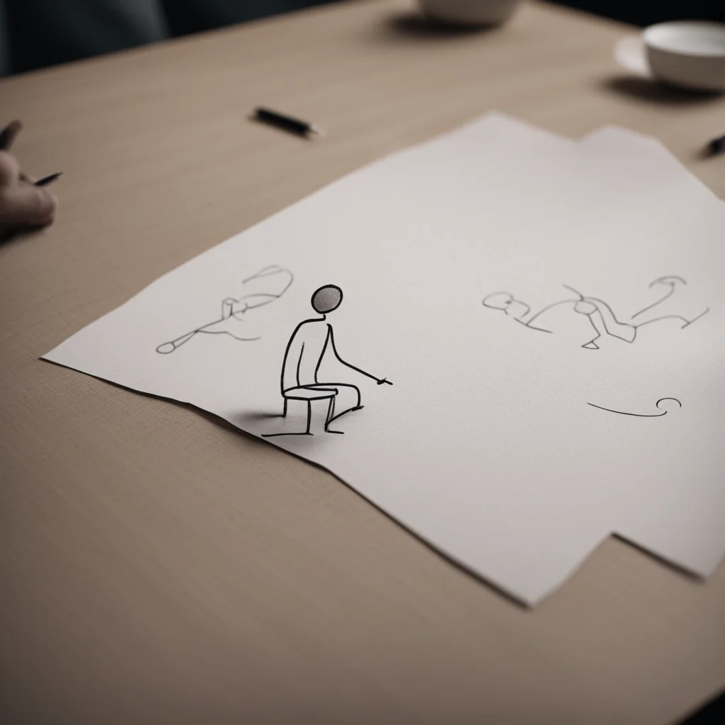 man sitting down with a piece of paper on wooden table drawing a stick figure cinematic gloomy 4k