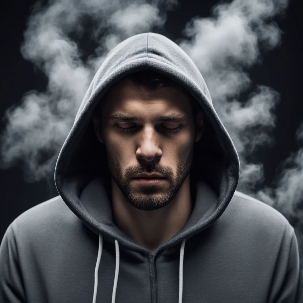 man wearing a hoodie and the hood covers his eyes looking down suspicious mystery smoke