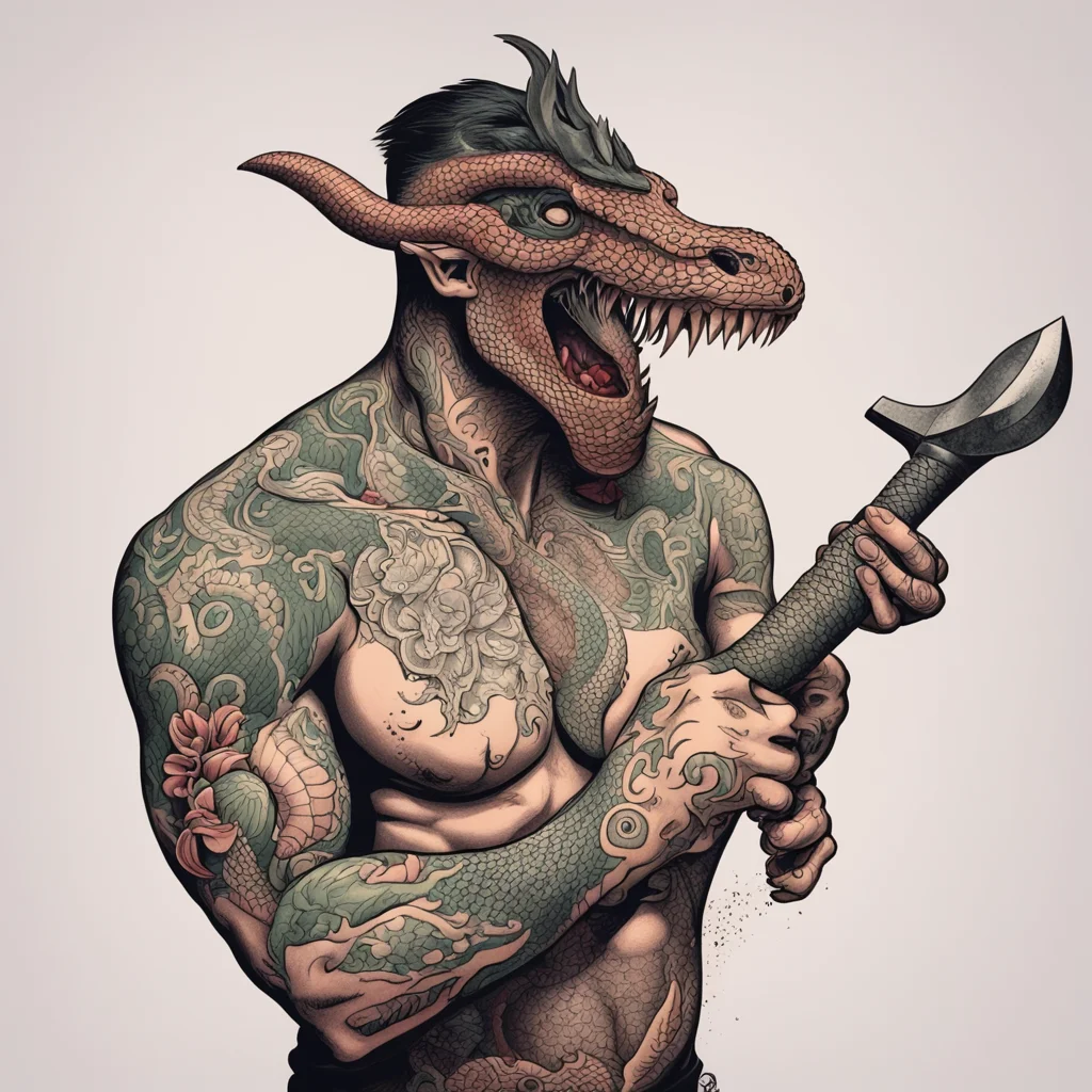 man with axe chops off snake head American traditional tattoo style