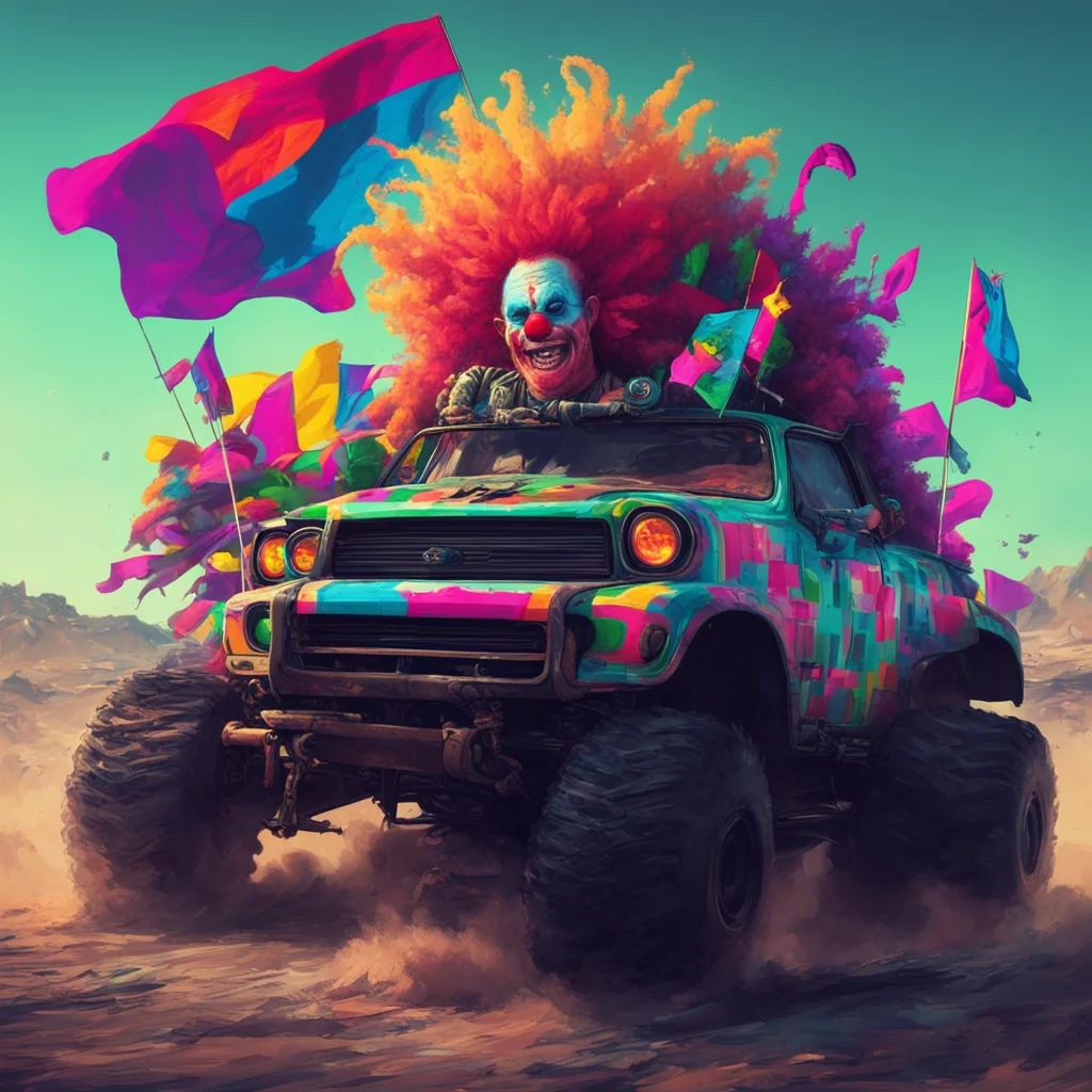 man with colorful curly clown hair driving a gas guzzling monster truck with flags sense of awe and scale in the art sty