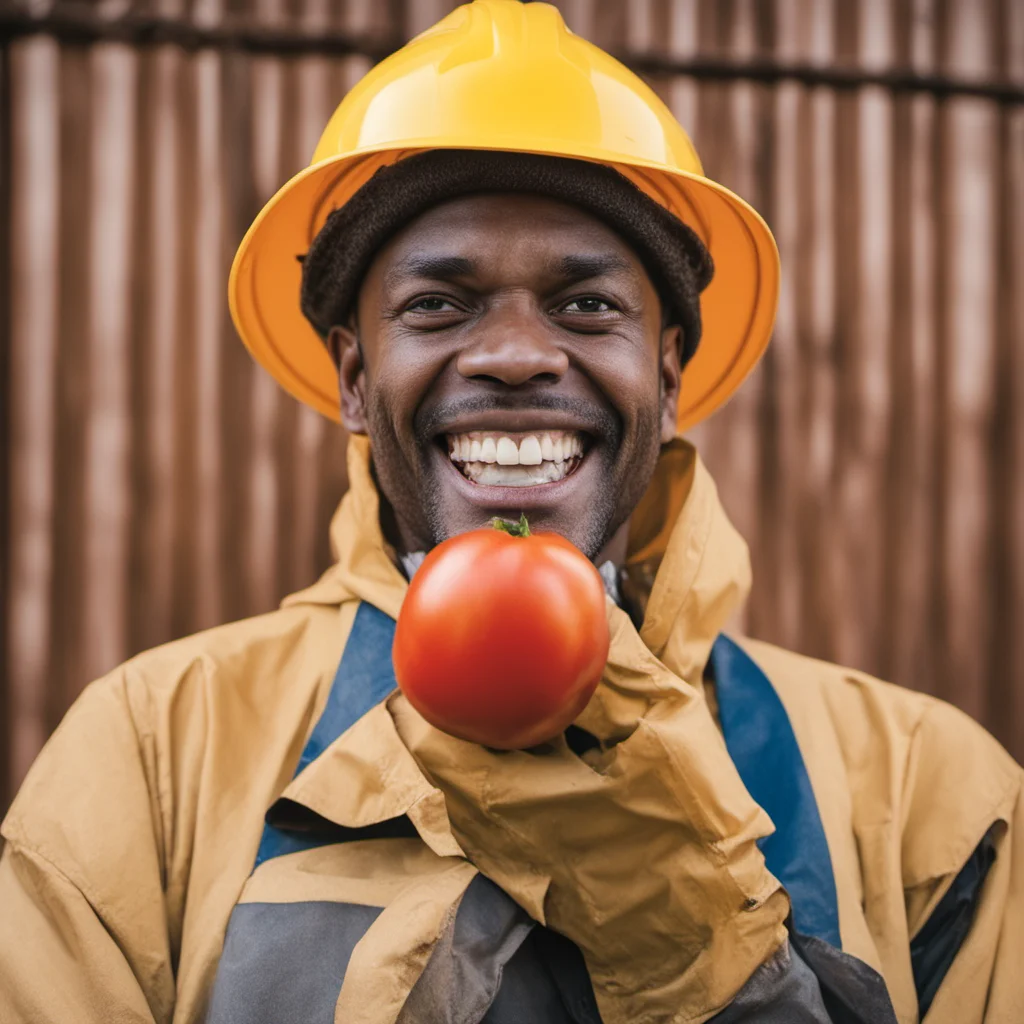 man with crooked teeth yellow hardhat holding a tomato raincoat