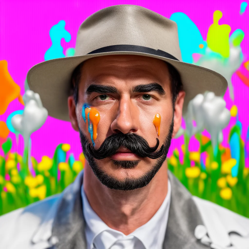 man with mustache and hat with white goo dripping face in a colorful meadow tom of Finland style