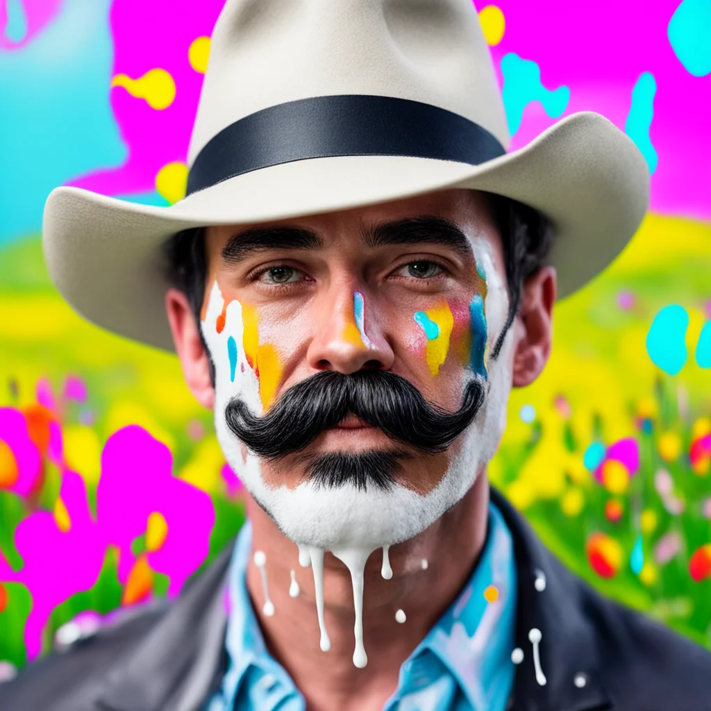 man with mustache and hat with white paint dripping face in a colorful meadow tom of Finland style