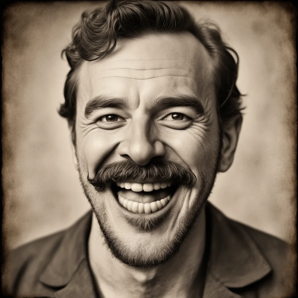 man with mustache large mouth grinning milky eyes grotty sepia tone old photograph hyper realism photo real w 1000 h 150