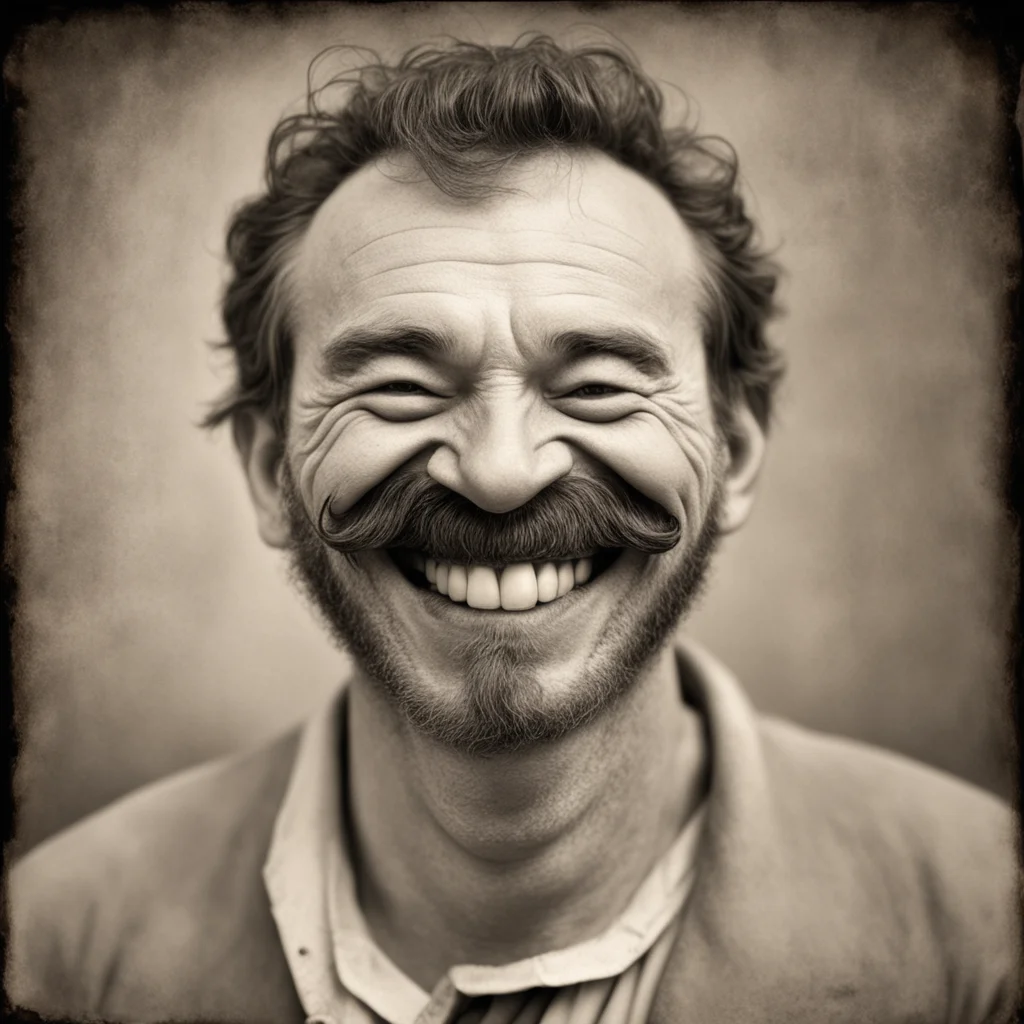 man with mustache slaw jack large mouth grinning milky eyes grotty sepia tone old photograph hyper realism photo real w 
