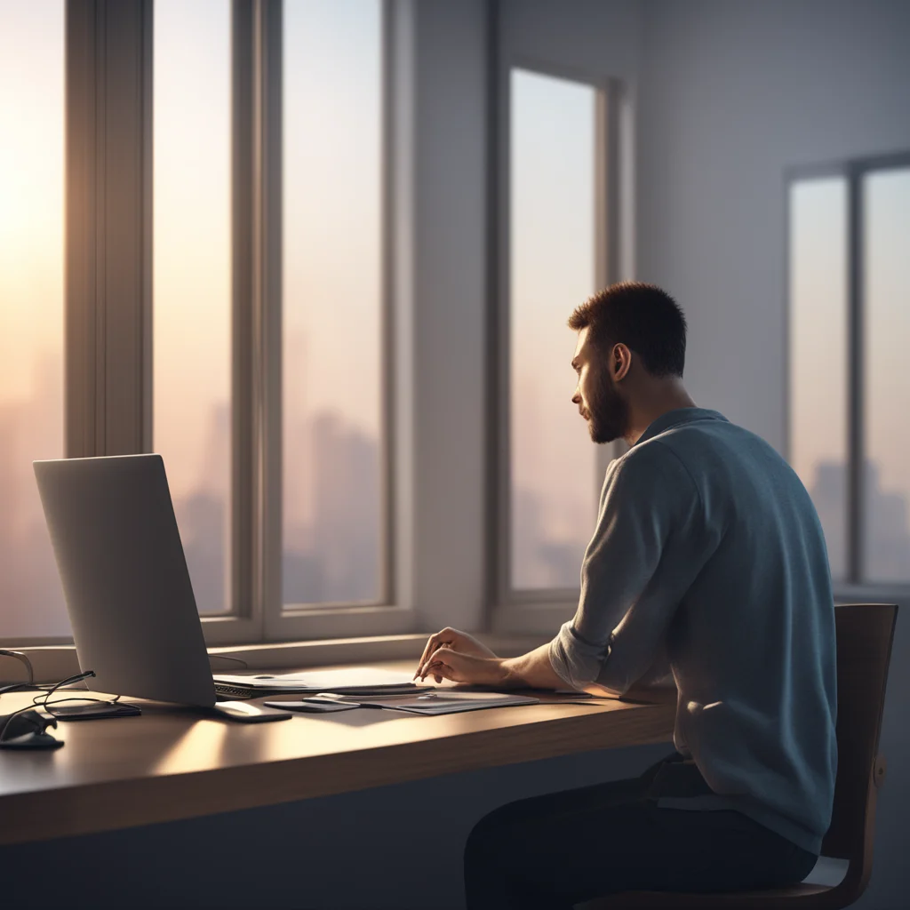 man writing on his desktop computer near big window whole body early morning light photoreal hyper real octane render 4k