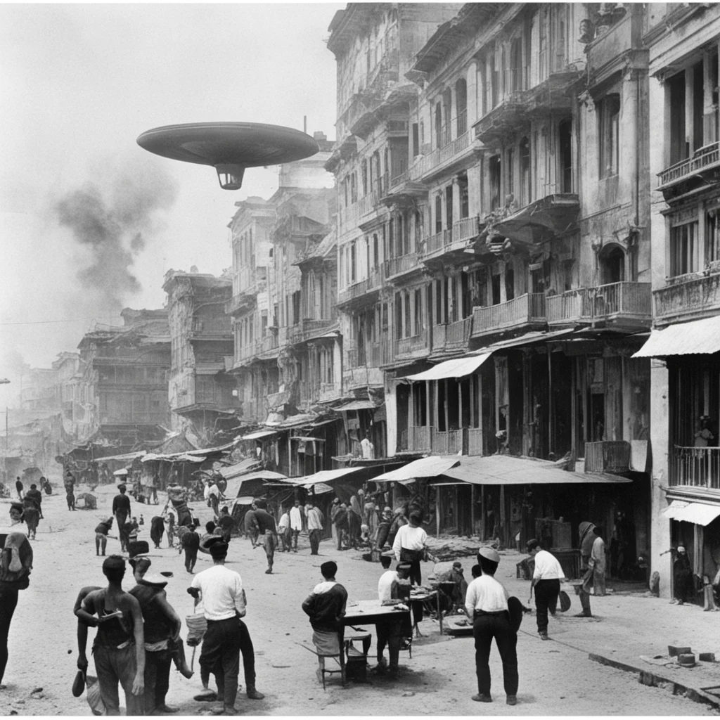 manila city in 1890 busy Day UFO crash landed into a building street photography ar 169