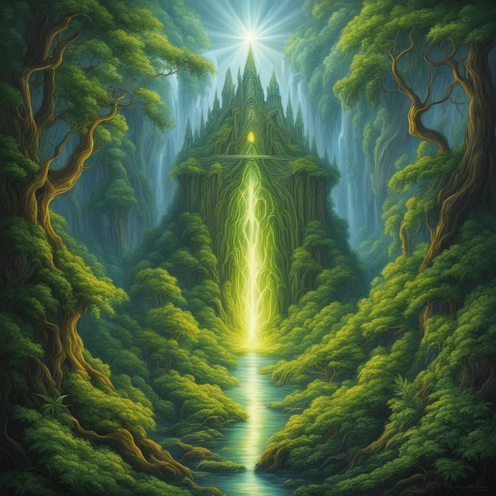 marijuana kingdom Rivendell painting atmospheric god beam illumination