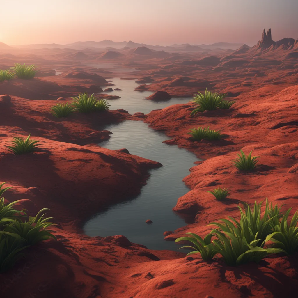 mars landscape with plants and water in a close up shot cinematic atmospheric hyper realistic in Dawn light