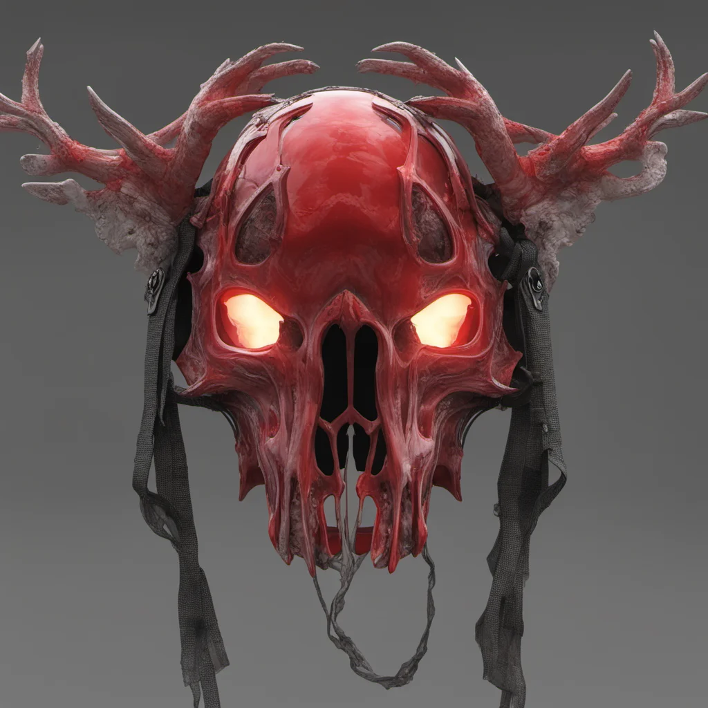 mask helmet shaped like deer skull opaque transparent red plastic poster symmertry smoke glowing belts straps greebles ar 1016