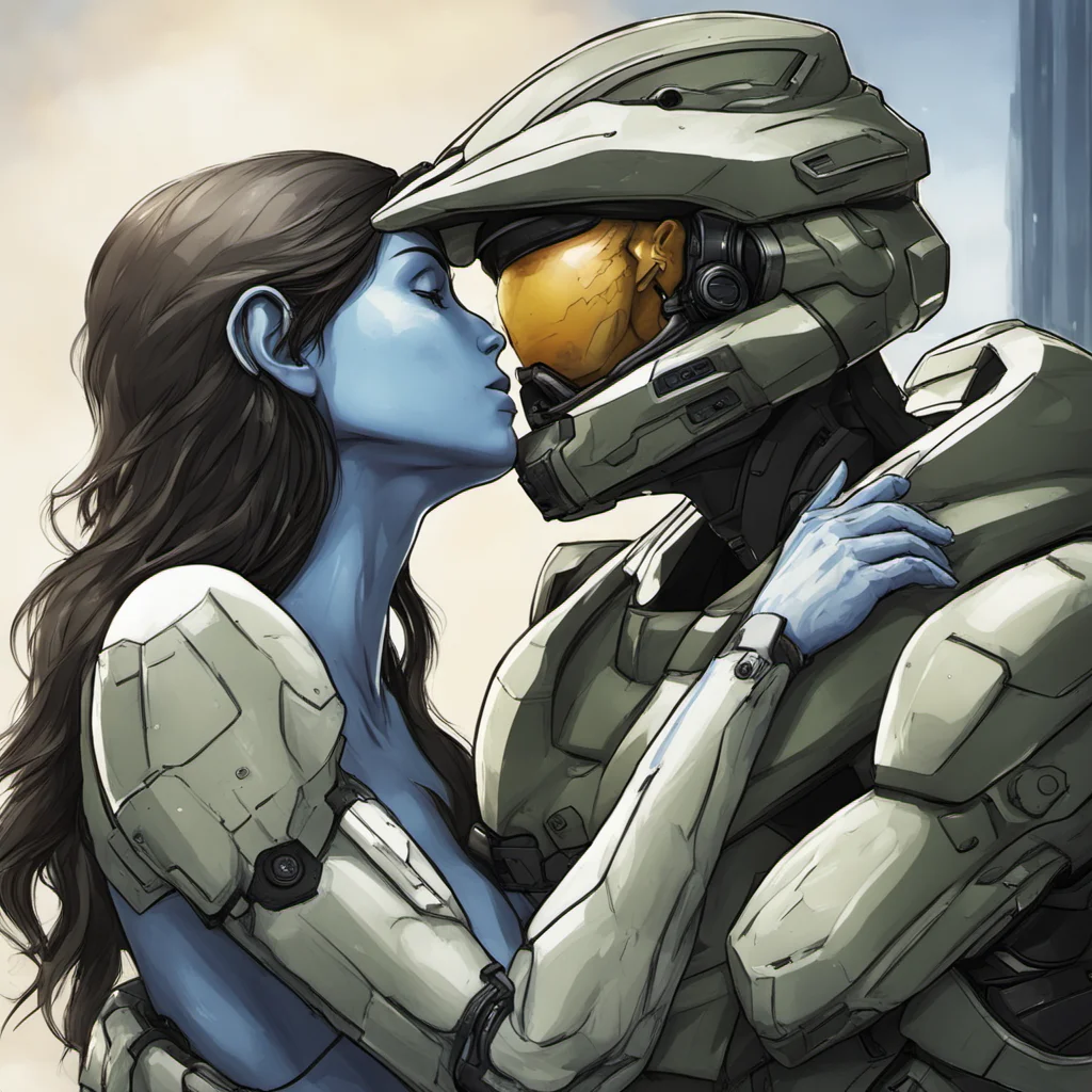 master chief from the game halo with no helmet kissing cortana