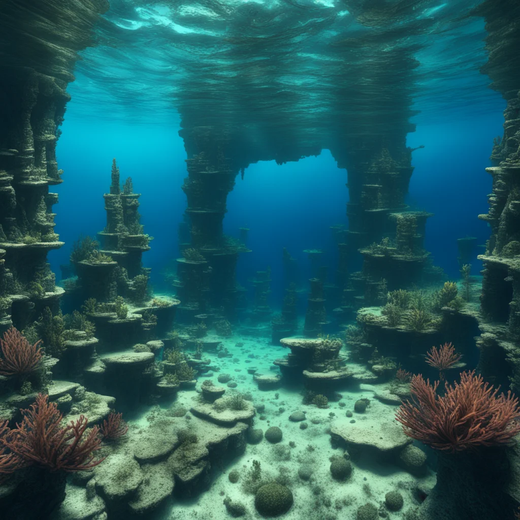 matte painting underwater view of sunken ruined city at bottom of sea  octane render wallpaper