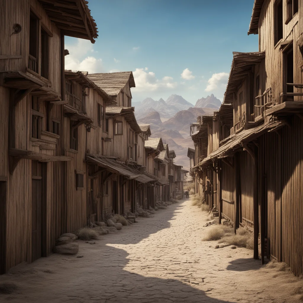 matte painting view down unpaved street in western town wooden buildings no trees wallpaper