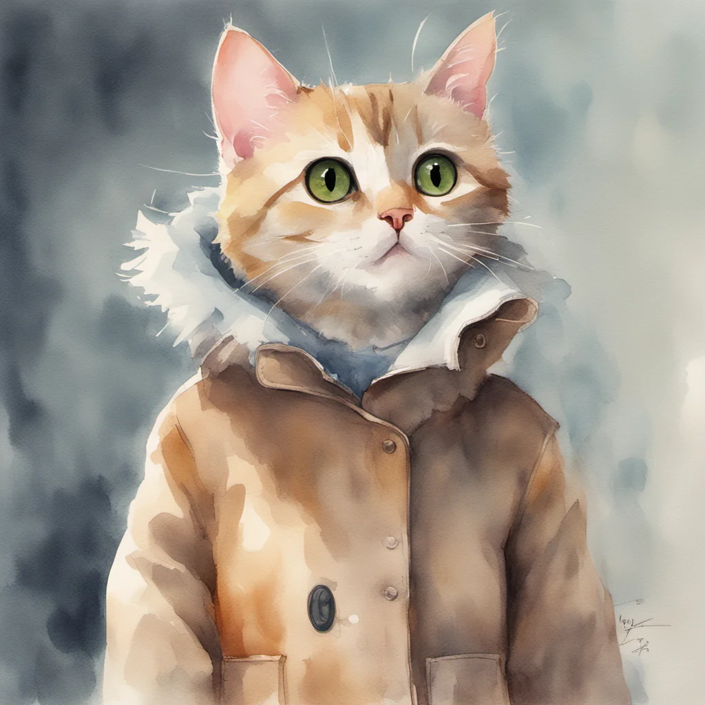 matte watercolor painting of a cute cat wearing a neck coat by Joy Ang  creative layout design ar 12