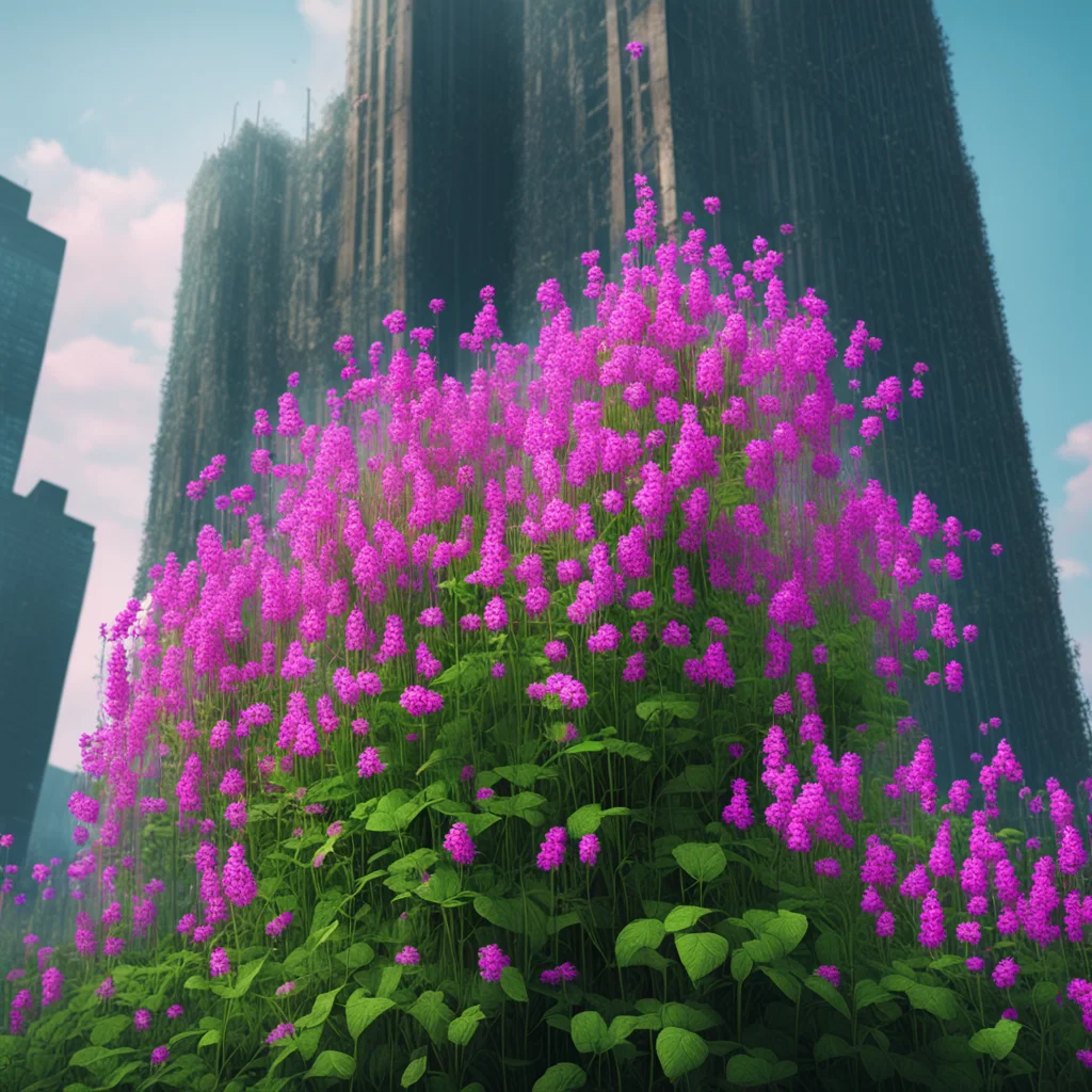 meadow rue tiny pink flowers on vine stretched around a skyscraper sense of awe and scale in the art style of Filip Hoda