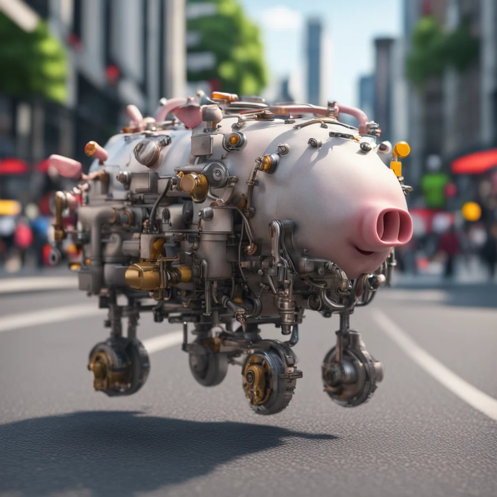 mechanical pork daisy on its way to work in the city Photorealistic full body shot motion blur 4k high resolution hyperd