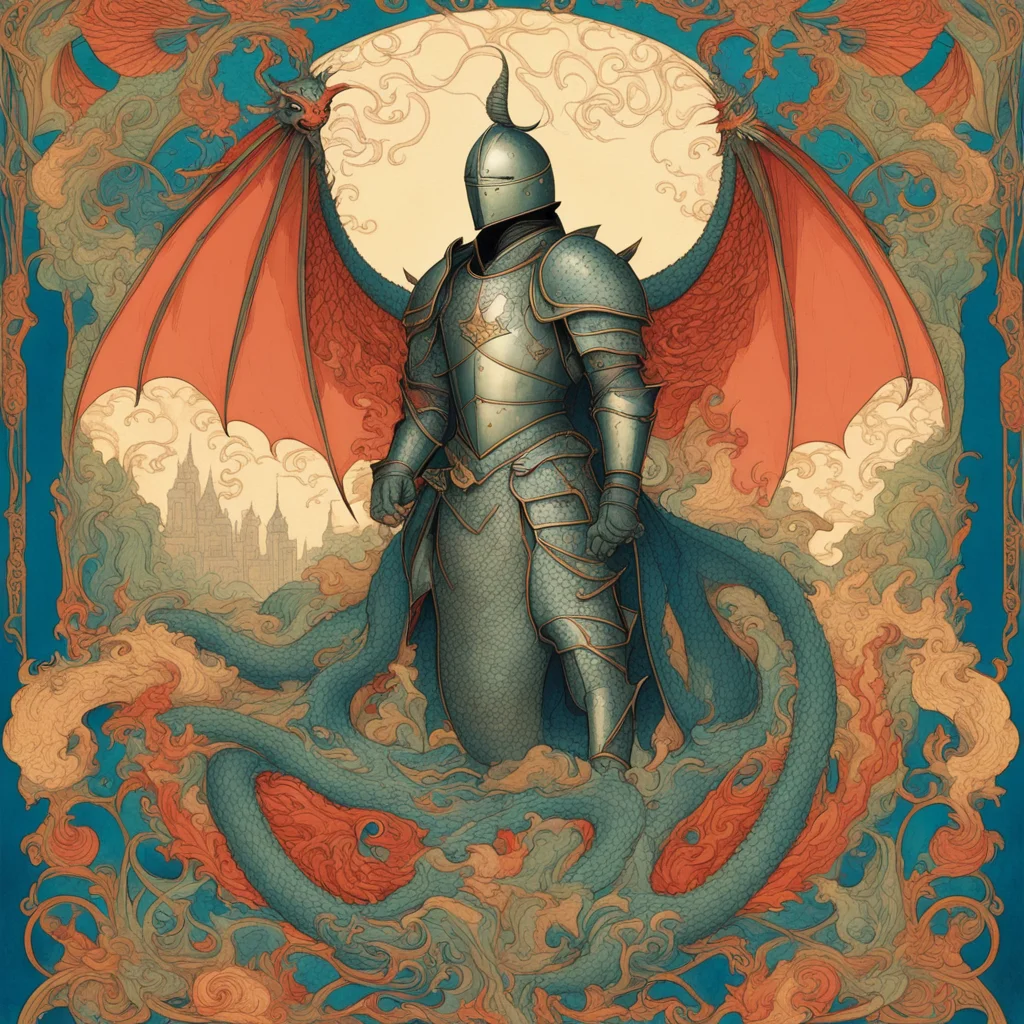 medieval knight dragon Victo Ngai art nouveau high detail poster — ar 916