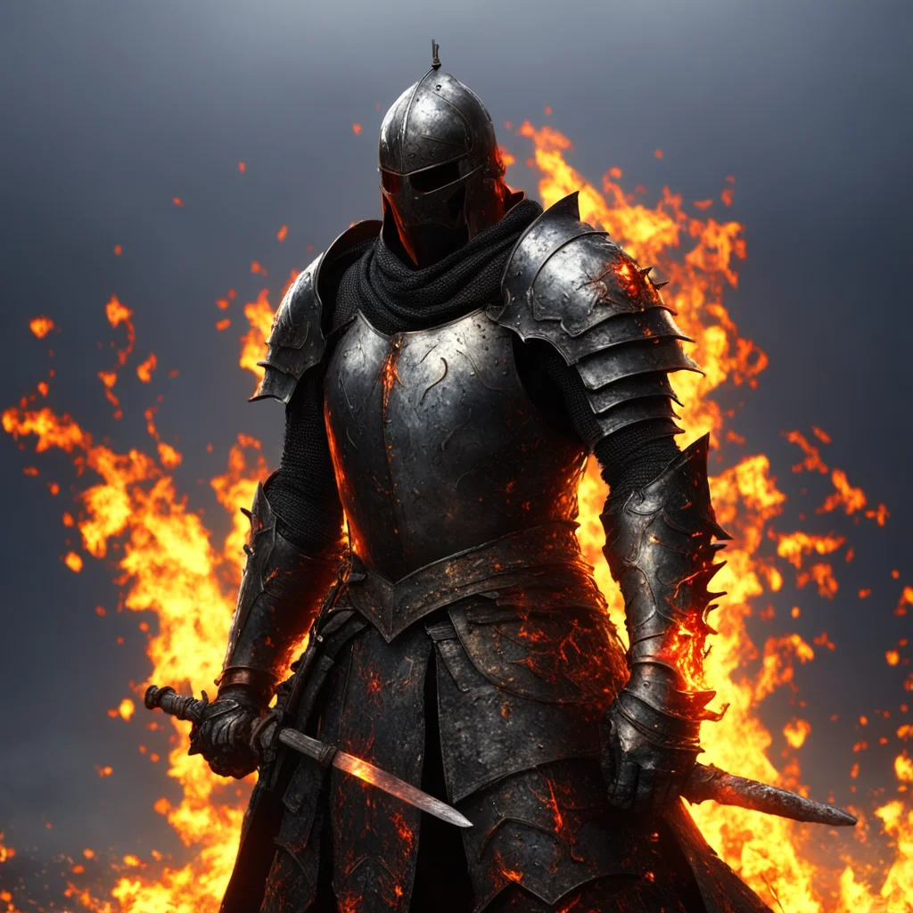 medieval knight in full armor covered in flames carrying sword that is covered in lighning on a battle field by dark sou