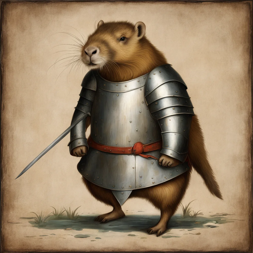 medieval painting of a capybara wearing knight armor