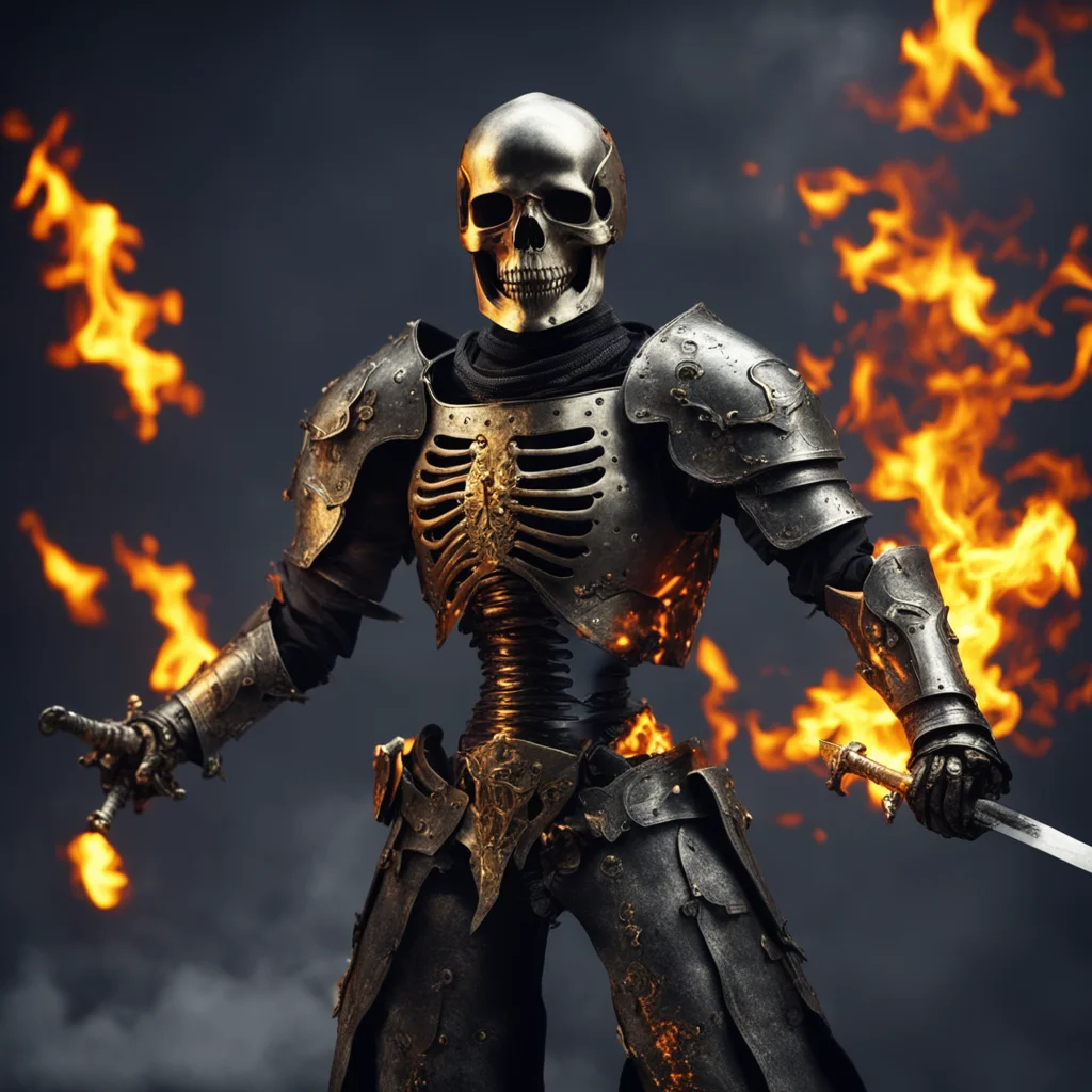 medieval skeleton knight in suit of detailed armor swinging flaming sword hyper realistic 35mm film aspect 169