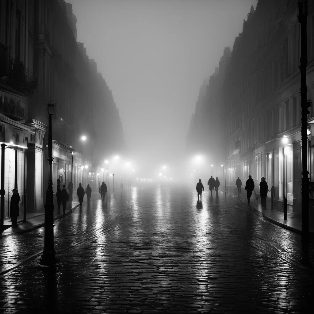 medium format bw photograph of city parisian streets at night in the fog with gold lights ar 67
