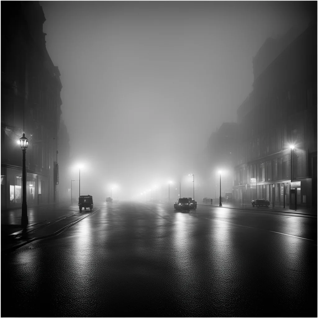 medium format bw photograph of city streets at night in the fog ar 67