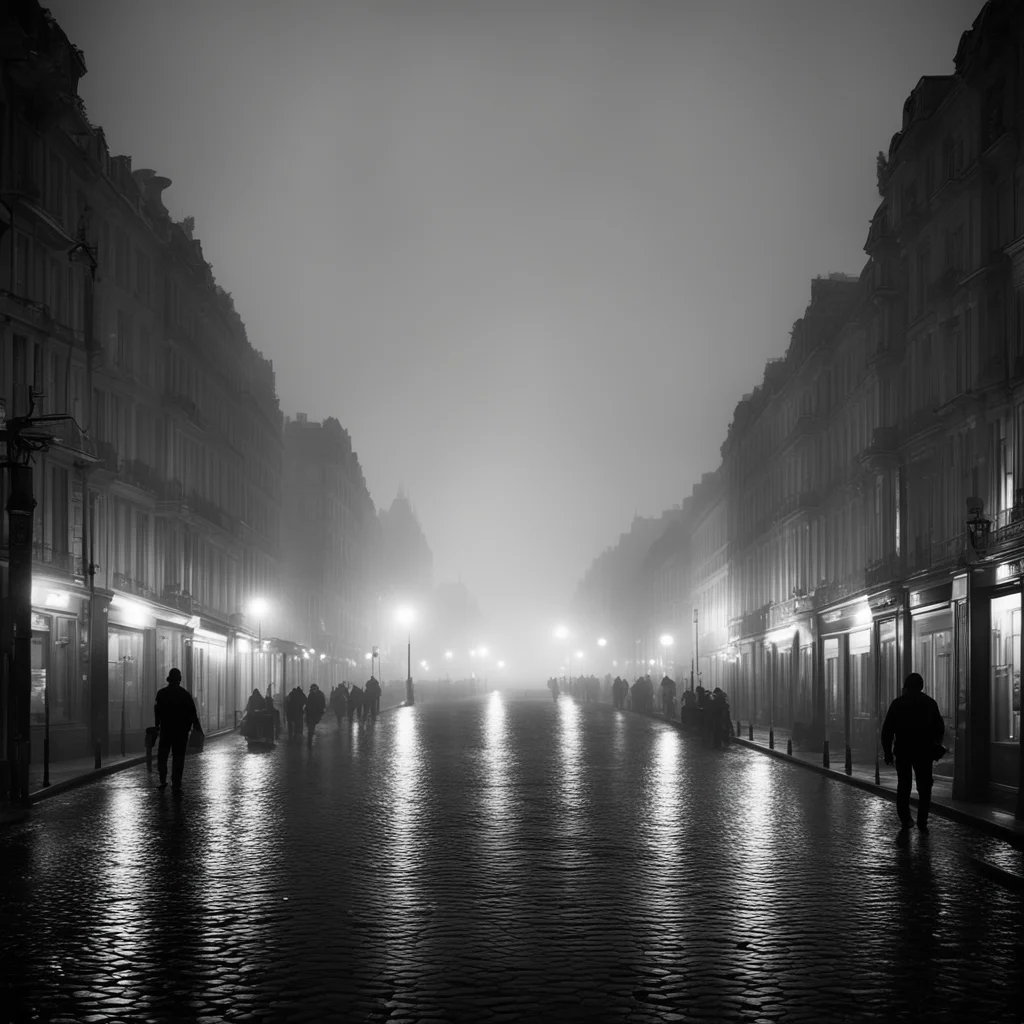 medium format monochromatic with gold lights photograph of city parisian streets at night in the fogar 67
