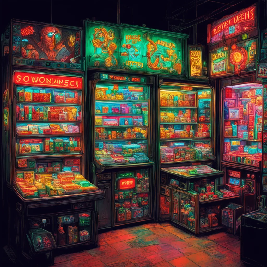 merchant  low tech  cozy atmosphere 1  tech store  food vending machines jewelry trinkets neon signs  inspired by Brian Sum 4  Philippe Druillet
