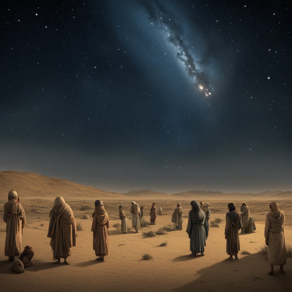 mesopotamian villagers looking at a comet going throught the starly sky