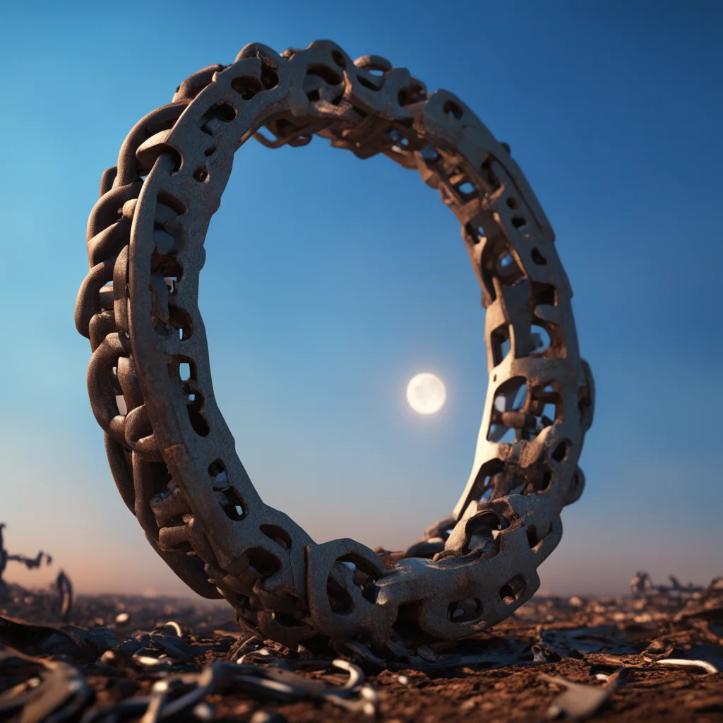 metal and steel chains with rust wrapped around the moon pulling it into earth debris destruction mechanical details gea