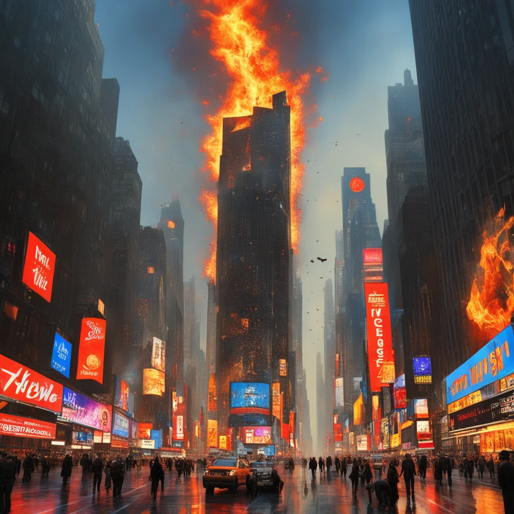 meteorite with fire from sky hitting street in time Square in New York with dozens of high towers by craig mullins john 