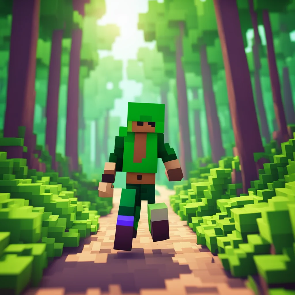 minecraft character running through the forest