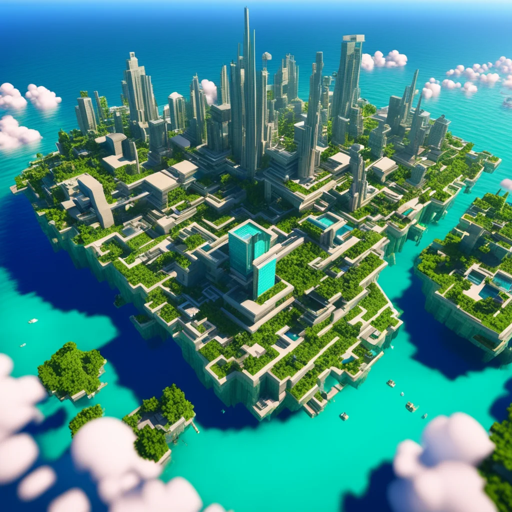 minecraft render of futuristic luxurirous city floating on the ocean in the style of minecraftar 23